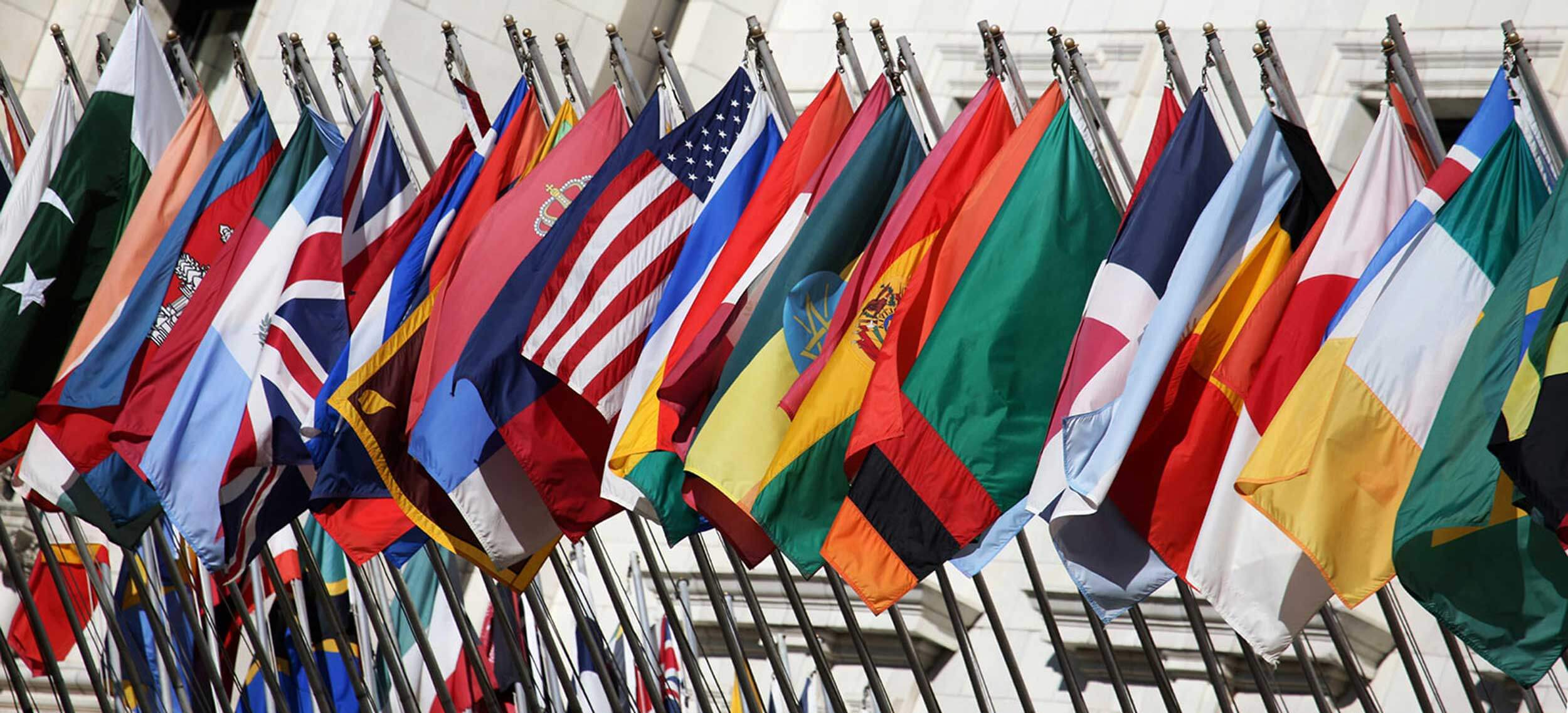 International flags on display outside of a government building